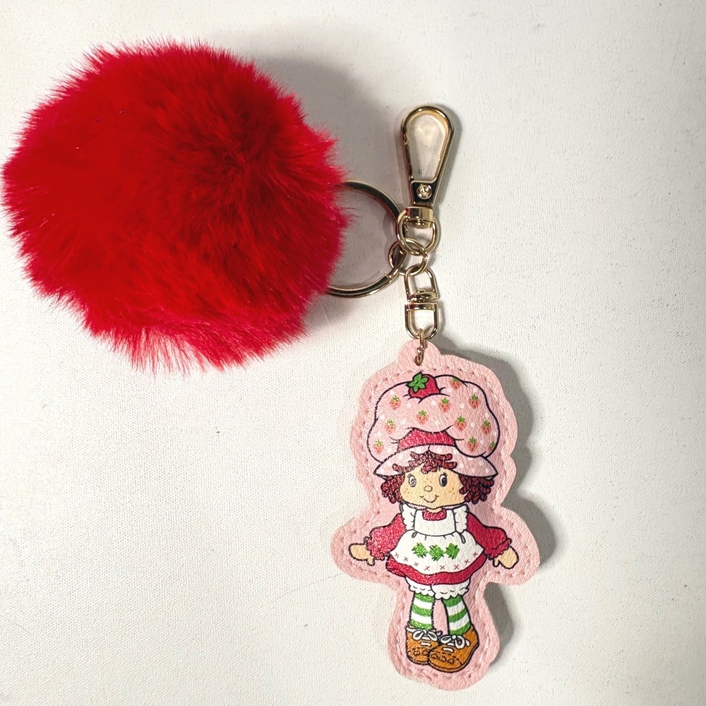 Strawberry Shortcake Faux Leather Keychain Red Fluffy Pom Pom Bag Charm Gold